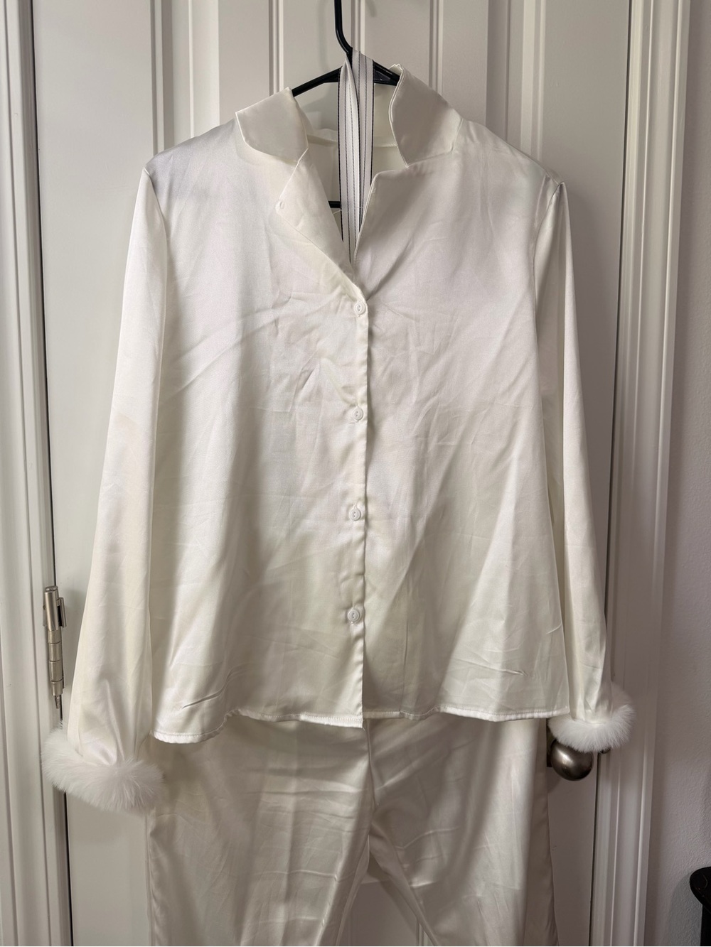 White Satin Button-Up Pajama Top & Pants with Faux Fur Cuffs